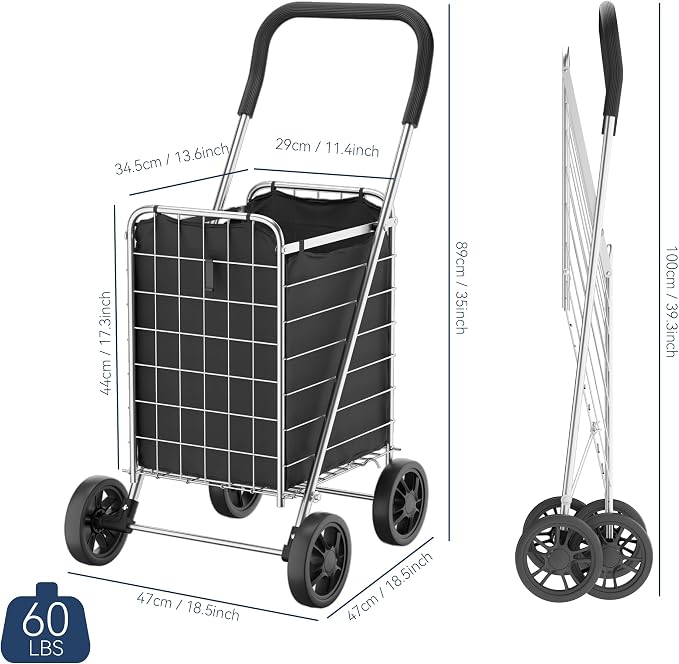 Whitmor Foldable Utility Shopping Cart with Wheels, 60Lb Capacity, Heavy Duty Grocery Cart with Steel Frame, Foam Handle, Rolling Utility Cart for Grocery, Laundry, Travel, Sliver/w Liner - Image 2