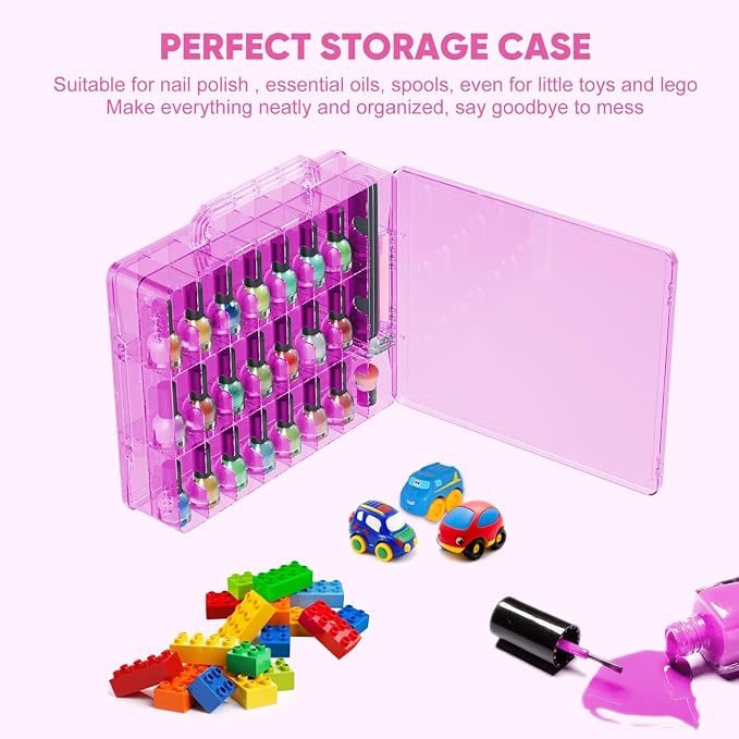 JIASHENG Nail Polish Organizer Case for 48 Bottles Gel Nail Polish Storage | Double Side Adjustable Space Divider for Acrylic Nail Gel Dip Powder Tips Set with Two Toe Separator, Pink - Image 2