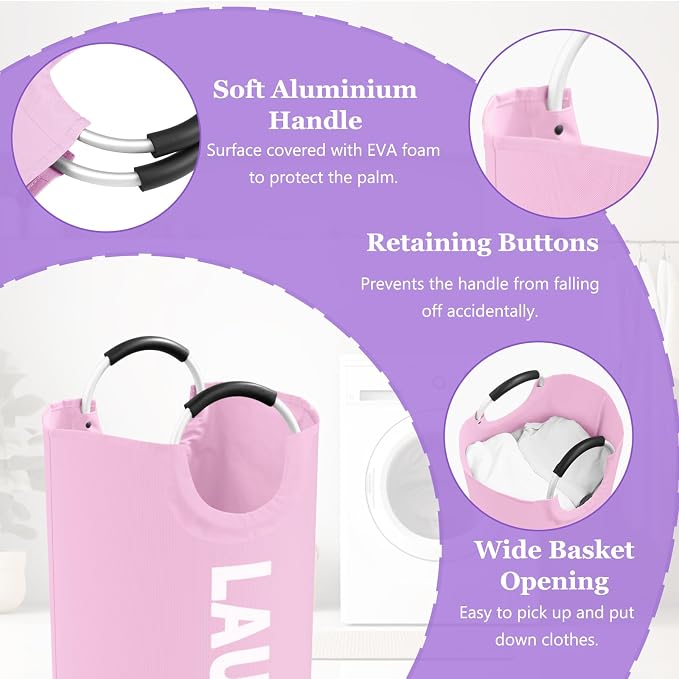 95L Large Laundry Basket with Handles, Foldable Clothes Hampers Stand Up Well, Waterproof Dirty Clothes Hamper, Rugged Laundry Basket for Flat, Dorm, Hotel, Pink - Image 6