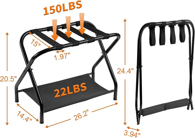 Heybly Luggage Rack for Guest Room, Pack of 2, Steel Folding Suitcase Stand with Storage Shelf for Bedroom, Hotel, Foldable Steel Frame, Guest Room 26.2" L x 14.4" W x 20.5" H, Black HLR004B2 - Image 7