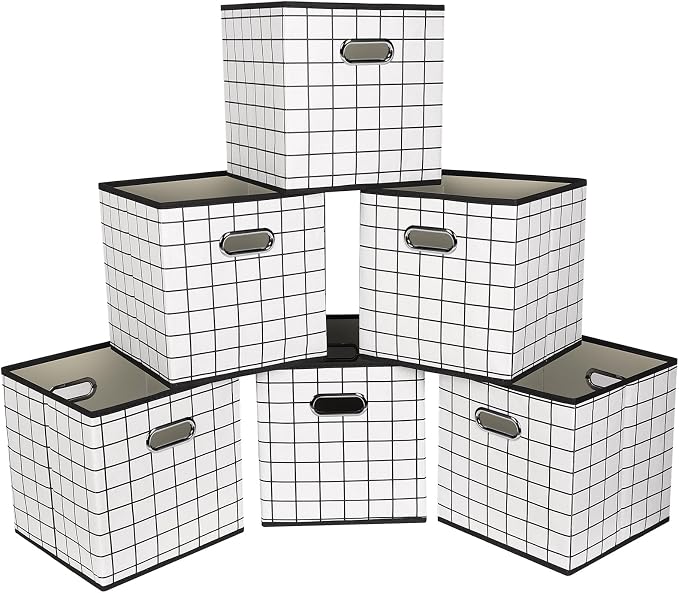 Fabric Cloth Storage Bins,Fabric Cube Organizer with Dual Handles Foldable Cube Storage Baskets for Home Bedroom Storage,Set of 6,(White grid) by SEVENDOME