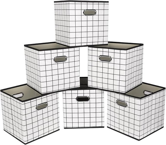 Fabric Cloth Storage Bins,Fabric Cube Organizer with Dual Handles Foldable Cube Storage Baskets for Home Bedroom Storage,Set of 6,(White grid) by SEVENDOME