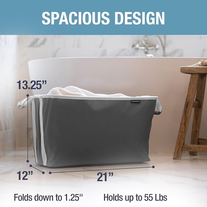 CleverMade Collapsible Laundry Basket 2 Pack – 60L (16 Gal) Foldable Clothes Hamper with Reinforced Handles, Space Saving Fabric Laundry Bin, Holds 55 lbs, Flat Folding for Dorm, Apartment & RV - Charcoal - Image 3