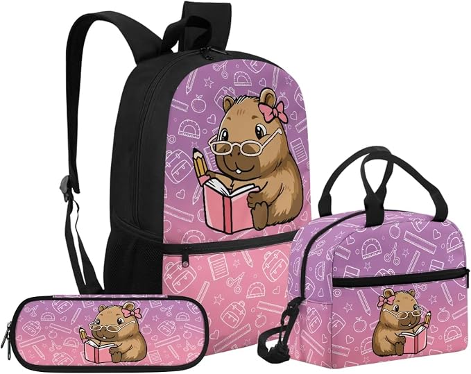 Cute Capybara 3PCS Backpack for Kids Girls School Bookbags with Lunch Bag Pencil Case 17 Inch Lightweight Bookpack for Elementary School Students by Unknown