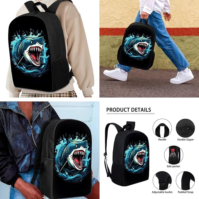 Mumeson 3PCS 17 Inch Kids Backpack with Lunch Box,Shark Lightweight Travel School Backpack,Back to School Boys Girls Laptop Bags - Image 4