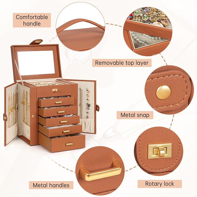 AKOZLIN 6-Tier Jewelry Box Organizer Functional 5 Drawers Leather Jewelry Storage Case for Women Girls Ring Necklace Earring Bracelet Holder Organizer with Mirror Orange Regular - Image 4