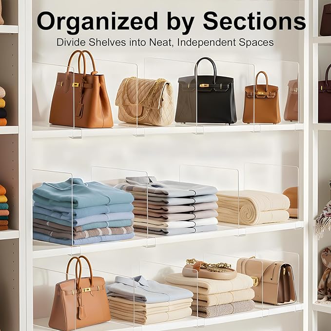 Purse Organizer for Closet Shelf Dividers: 12-Pack Adjustable Clear Acrylic Bag Storage Organizer for Handbags, Sweaters, Towels, Jeans and Shoes on Wood Shelves - Image 3
