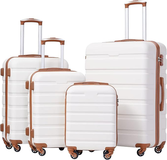 Coolife Luggage Set, Lightweight Durable Hardshell, 4 piece, Apricot White | suitcase set with 360° Spinner Wheels, TSA-approved Lock, Checked Family Travel, 16/20/24/28 Inch by COOLIFE