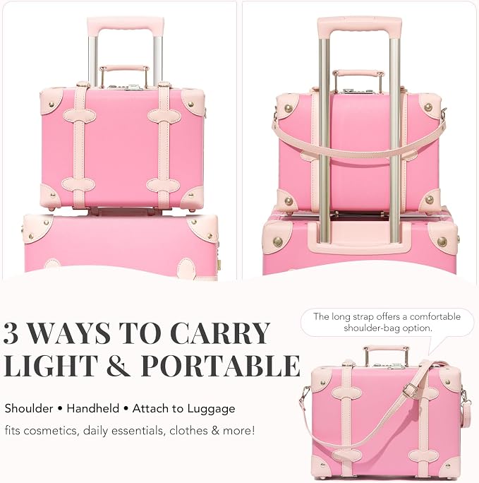 urecity 20" Bubblegum Pink Vintage Luggage Set 2 Piece, Aluminum Frame Retro Suitcase for Women, Vegan Leather Carry On Trunk with Cosmetic Case, TSA Approved (Include Clear Cover) - Image 7
