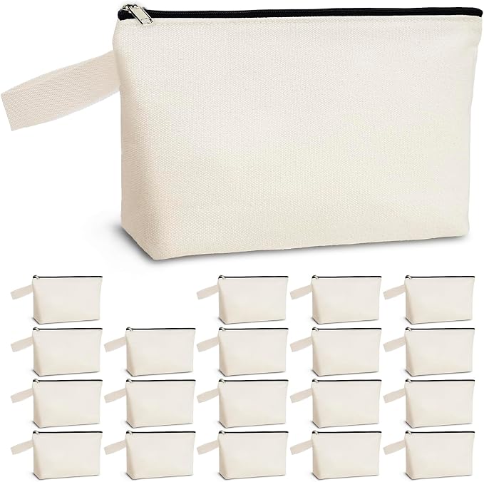 Koolmox 20PCS 12Oz Cotton Canvas Pouches with Zipper, Bottom for Makeup Cosmetics Pen Tools Storage & Organization, for DlY& Customization, Gifts & Events (Black Zipper Beige Bag, S, 9x4.7x1.5'') by Koolmox