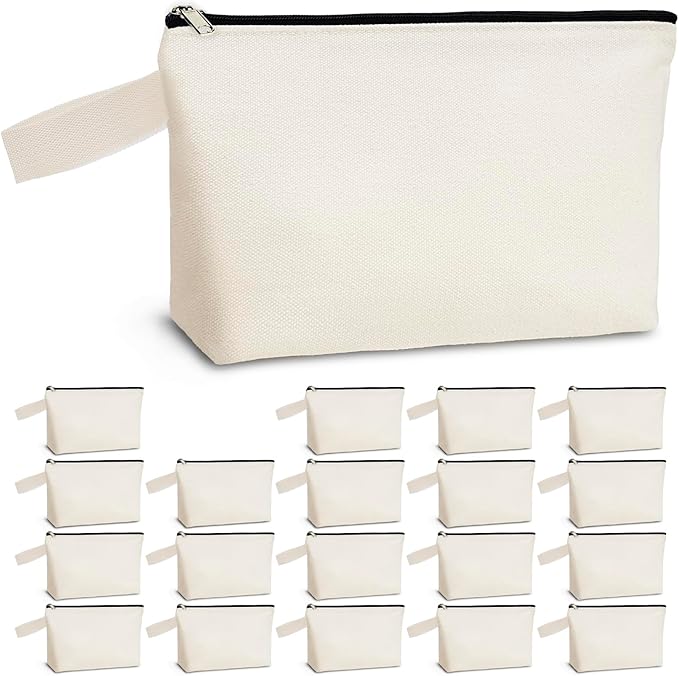Koolmox 20 PCS Large Cosmetic Pouch with Bottom and Strap, 12Oz Thick Canvas Cosmetic Toiletry Tool Travel Organization Pouches Plain to Customize (Beige Bag w/Black Zipper, L, 12.2x7.4x 2.7'') by Koolmox