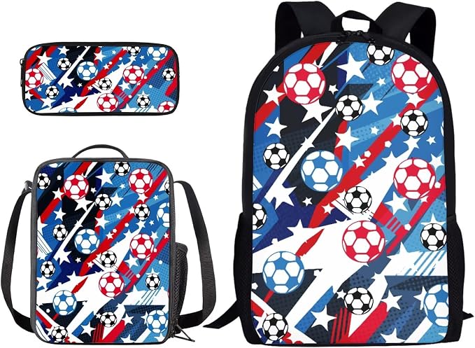 Patriotic Soccer Star Print Reusable School Bookbag Set for Teenage Girls, 4th of July Backpack Set with Insulated Lunch Shoulder Box and Pencil Case, Children's Knapasck Set, Blue by PCSJRKG