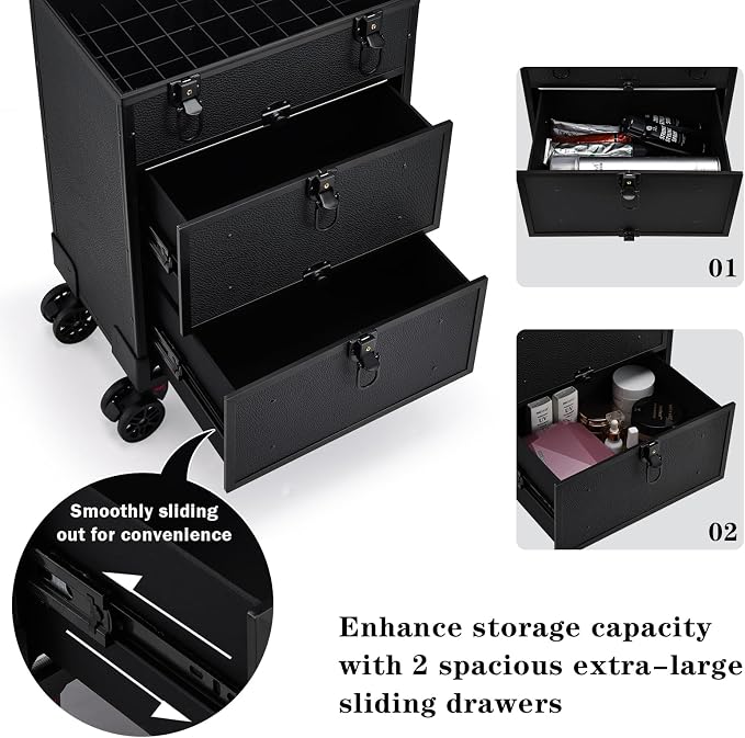 Faquenc Rolling Makeup Train Case with 2 Extra Large Drawers Nail Organizer Case with Wheels Traveling Cosmetology Case with Makeup Pouch for Mobile Stylist Artists Nail Salon Cart Trunk Black - Image 3