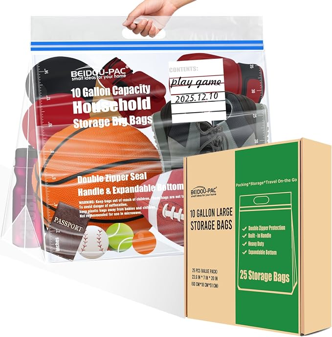 BEIDOU-PAC 10 Gallon Large Storage Bags with Handle, 25 Counts | Double Zipper Seal | Expandable Bottom, Resealable Clear zip Bags by BEIDOU-PAC