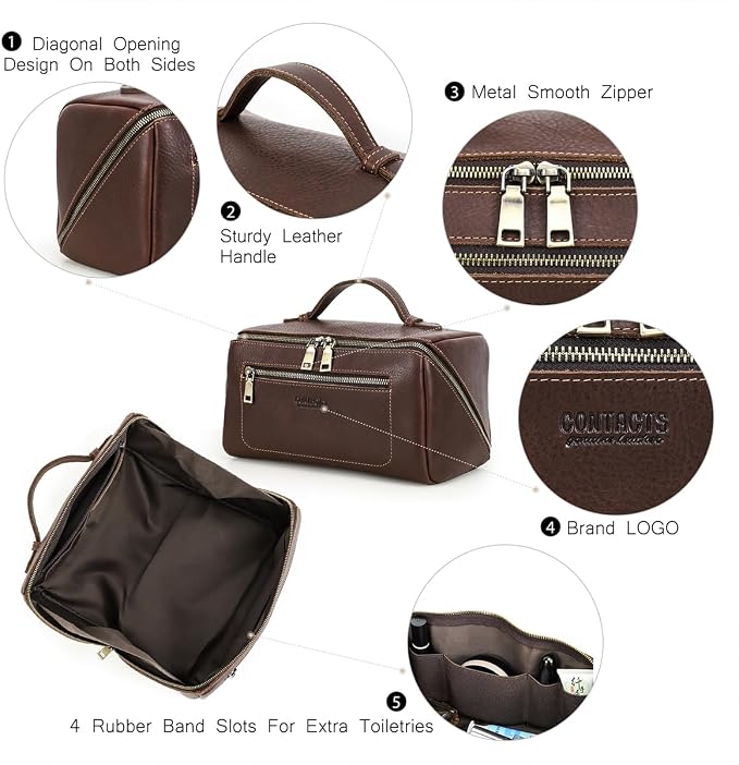 CONTACTS Full Grain Leather Travel Toiletry Bag for Men Large Wash Bag with Handle Bathroom Shaving Dopp Kit Toiletries Organizer Vintage Cosmetic Bag - Image 5