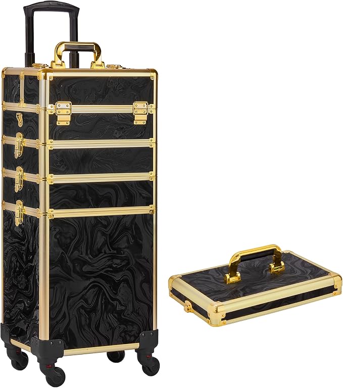 Somduy Rolling Makeup Case, Makeup Train Case with Lid, 5 in 1 Cosmetology Case on Wheels, Christmas Gift, Large Makeup Organizers, Profesional Cosmetic Case for Salon Barber, Pattern Black Gold - Image 9