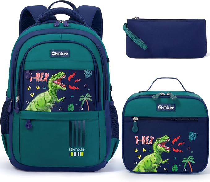 Fimibuke Kids Backpack for School Boys - 3 PCS Waterproof Teen Boy Backpack with Lunch Box & Pencil Pouch Set, School Bag Bookbag Daypack for Kindergarten Elementary Middle School, Age 5+(Dinosaur) by Fimibuke