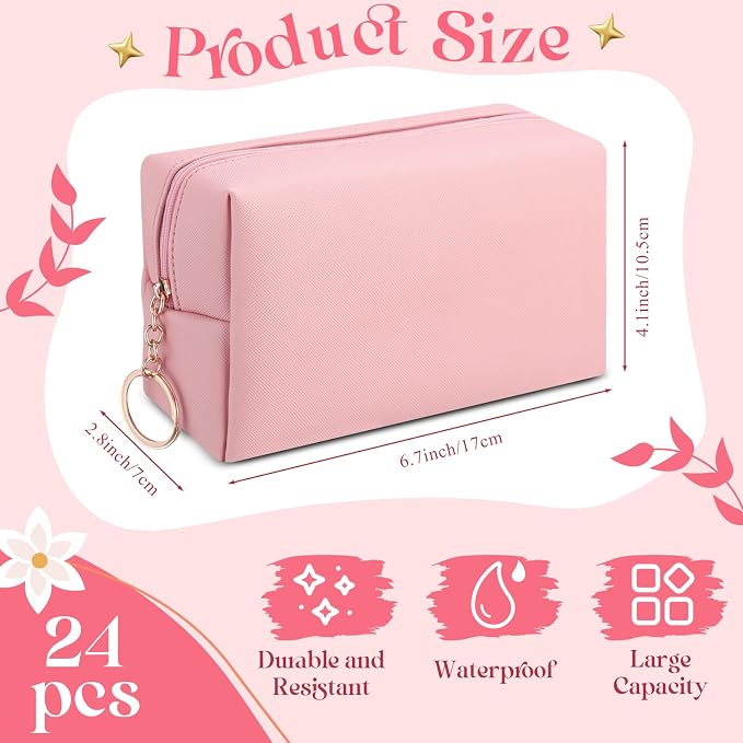 Chunful 24 Pcs Preppy Makeup Bag PU Leather Cosmetic Bag Bulk Makeup Plain Pouch Waterproof Toiletry Purse for Women Traveling Preppy Pencil Case Valentine's Day Gifts(Peach Pink) - Image 2