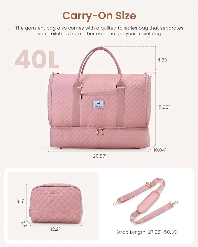 LOVEVOOK Convertible Garment Bag for Travel with Shoe Pouch, Carry On Garment Duffel Bag with Toiletry Bag, 2 in 1 Hanging Suitcase Suit Bag, Weekender Bag for Women Travel, Wedding, Pink - Image 2
