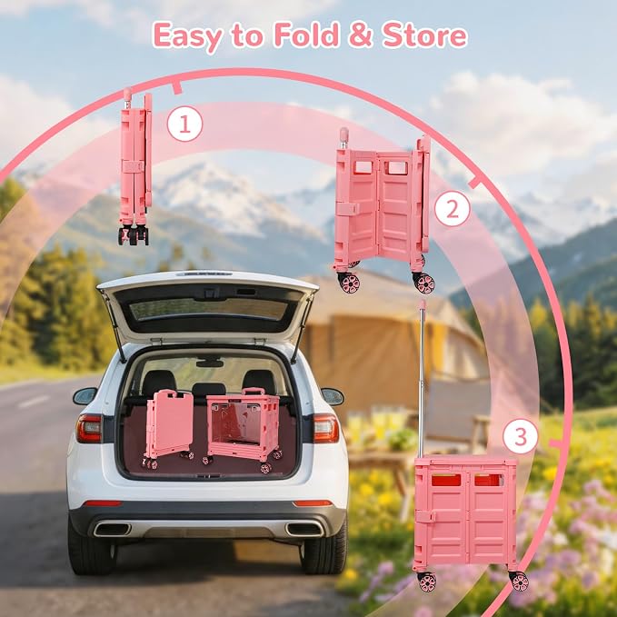 FELICON SELORSS Folding Utility Cart Portable Rolling Crate Handcart-Pink | Magnetic Sliding Lid+Lockable Transparent Front Panel,Telescoping Handle,4 Swivel Wheels Tote for Travel Shop Office Teacher - Image 4