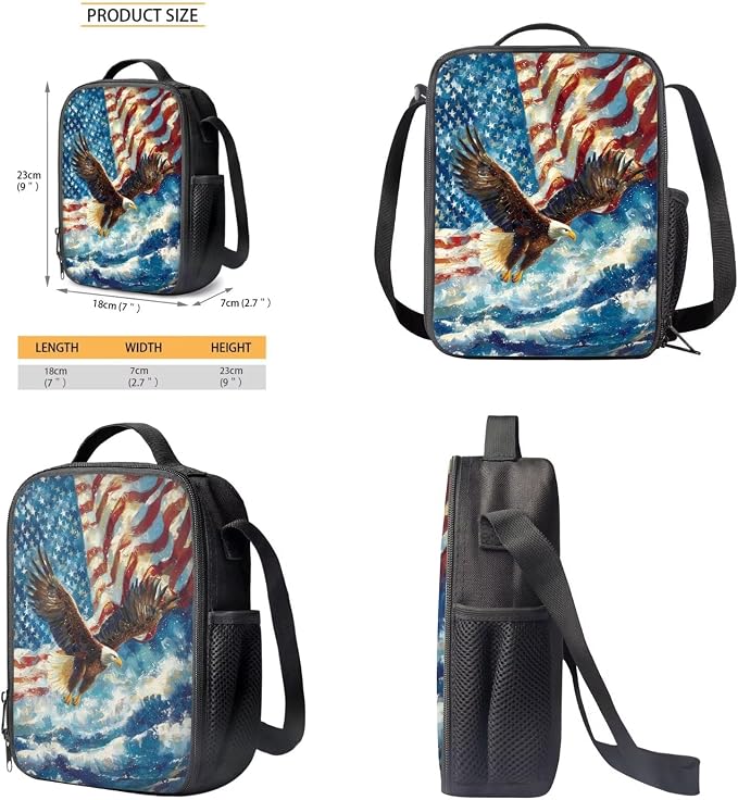 Bald Eagle American Flag Casual Daypack Set for Teen Girls, Backpack Set with Reusable Lunch Box and Pencil Case, Portable School Bag Set Suitable for Boys and Girls - Image 6