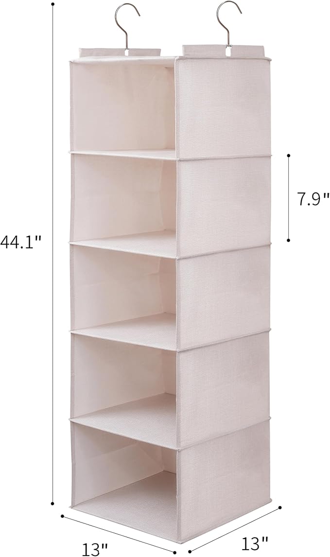 Large Hanging Sweater Organizer for Closet,Collapsible 6-Shelf Hanging Closet Shelves with Drawers, Washable (Beige -5 Shelf-1 d) - Image 2