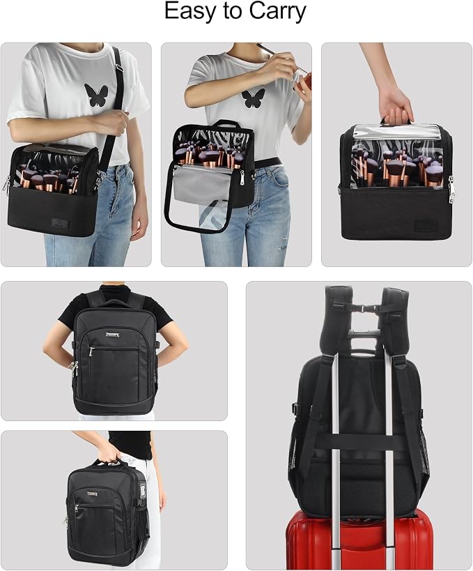 TANTO Makeup Backpack Makeup Artist Bag Professional Extra Large Cosmetic Bags Travel Train Case Storage Organizer Double-Layer Cosmetic Case with 4 Pouch and Brush Organizer (Black, two piece) - Image 5