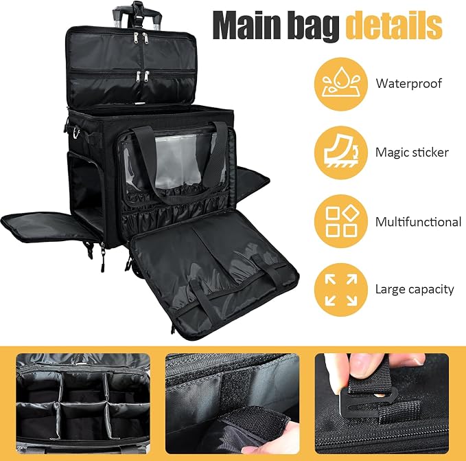 Rolling Makeup Train Case Rolling Cosmetic BagRolling Medicine Bag with 4 Removable Bags, with Brushes Storage Section. with Detachable Dividers (Patent Design)(Black) - Image 6
