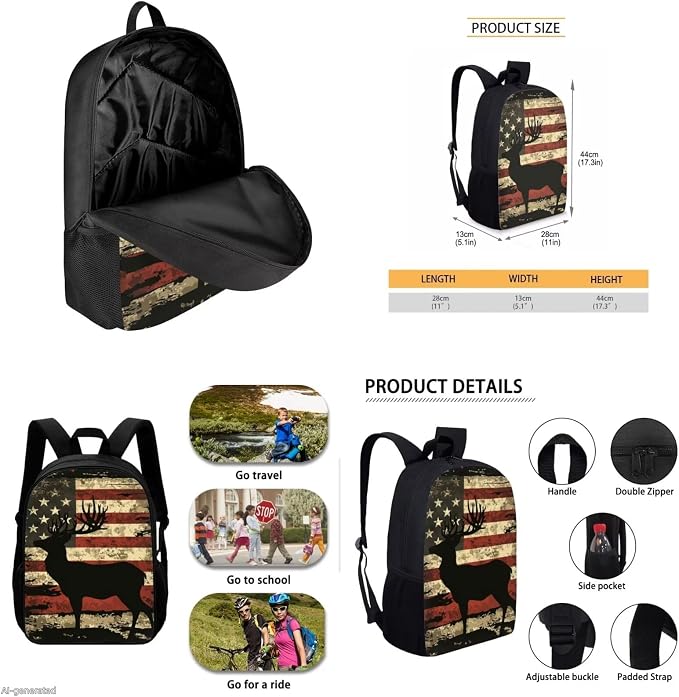GIFTPUZZ Deer American Flag Backpack 4 Pcs Set Boys 10-12 | Pink, Pencil Case, Water Bottle Sleeve, Lightweight Kids Bookbag, Casual Travel Daypack - Image 5