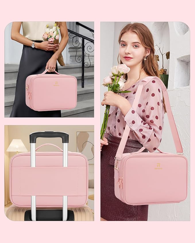 Relavel Makeup Bag Travel Makeup Train Case 13 inches Large Cosmetic Case Professional Portable Makeup Brush Holder Organizer and Storage with Adjustable Dividers and Shoulder Strap (Pink) - Image 5