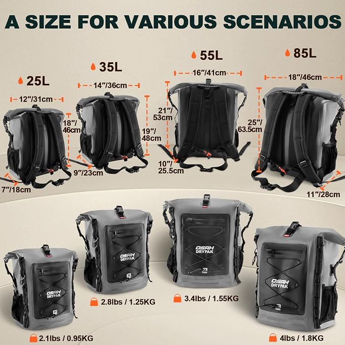 OSAH DRYPAK Waterproof Backpack Dry Bag 35L/55L/85L – Heavy Duty Roll-Top Hiking Backpack for Travel, Kayaking, Boating, Camping, Rafting and Fishing - Image 2
