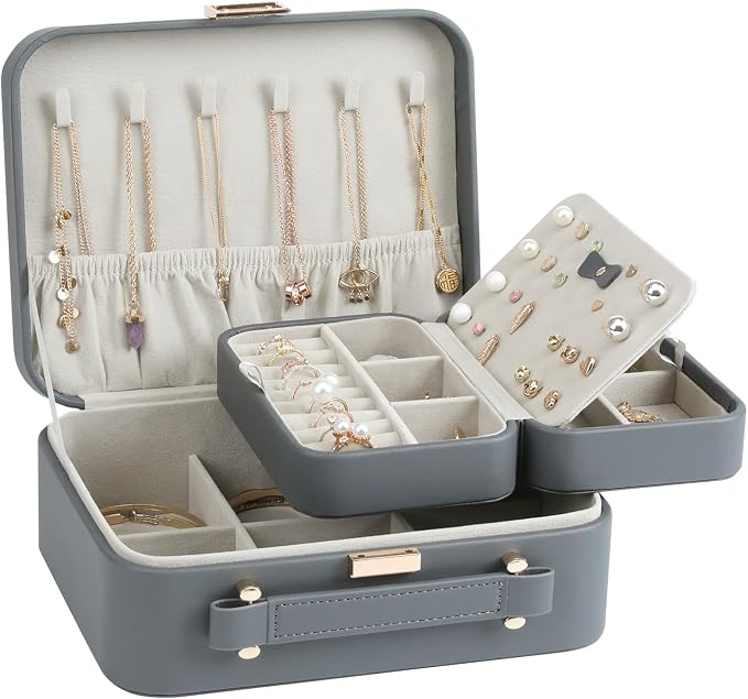 Travel Jewelry Case Large, Jewelry Box Large Jewelry Travel Organizer Jewelry Case with Handle, Best Gift for women Girls, Grey - Image 2