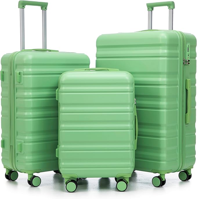 3-Piece Luggage Set 20/24/28'' Hard-shell with 360° Spinner Wheels & Combination Lock, Lightweight ABS Material for Travelling, Green by LUCCALILY