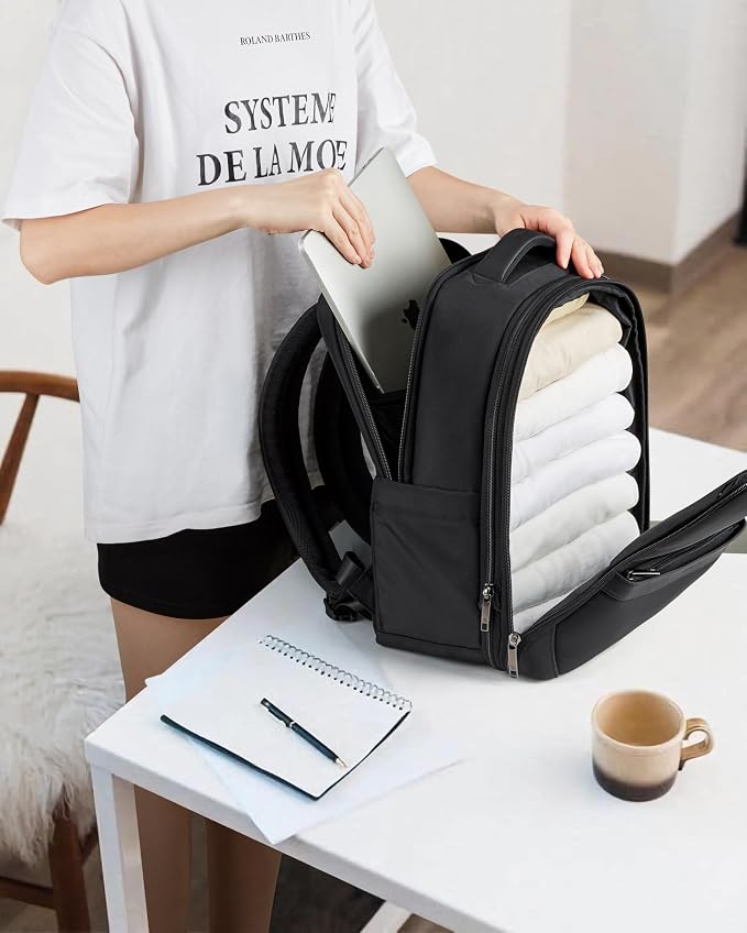Hanke Expandable Travel Backpack 17 Inch, Full-Open Laptop Backpack, Black | Fits 15.6 Inch Laptop, Water-Resistant, Carry On Personal Item Bag, 20L-25L, Trolley Sleeve, Business Work Bag for Women Men - Image 8