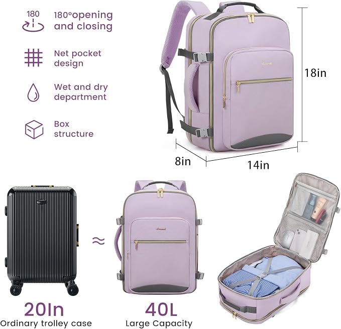 LOVEVOOK 40L Large Travel Backpack for Women Men, 17 Inch Carry on Backpack for Traveling on Airplane, Personal Item Travel Bag Airline Approved, Business Causal Weekender Backpack, Light Purple-Grey - Image 3