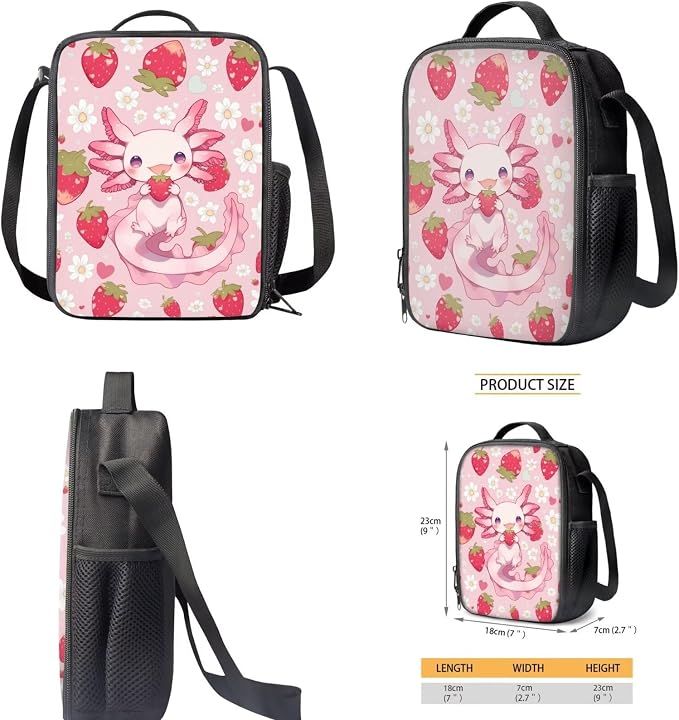 Axolotl Backpack with Lunch Box for Girls 6-8/5-7 Strawberry Bookbag Set 4 in 1 Elementary School Back Pack Lunch Bag Pencil Case Water Bottle Holder Kids Preschool/Kindergarten Book Bags - Image 5