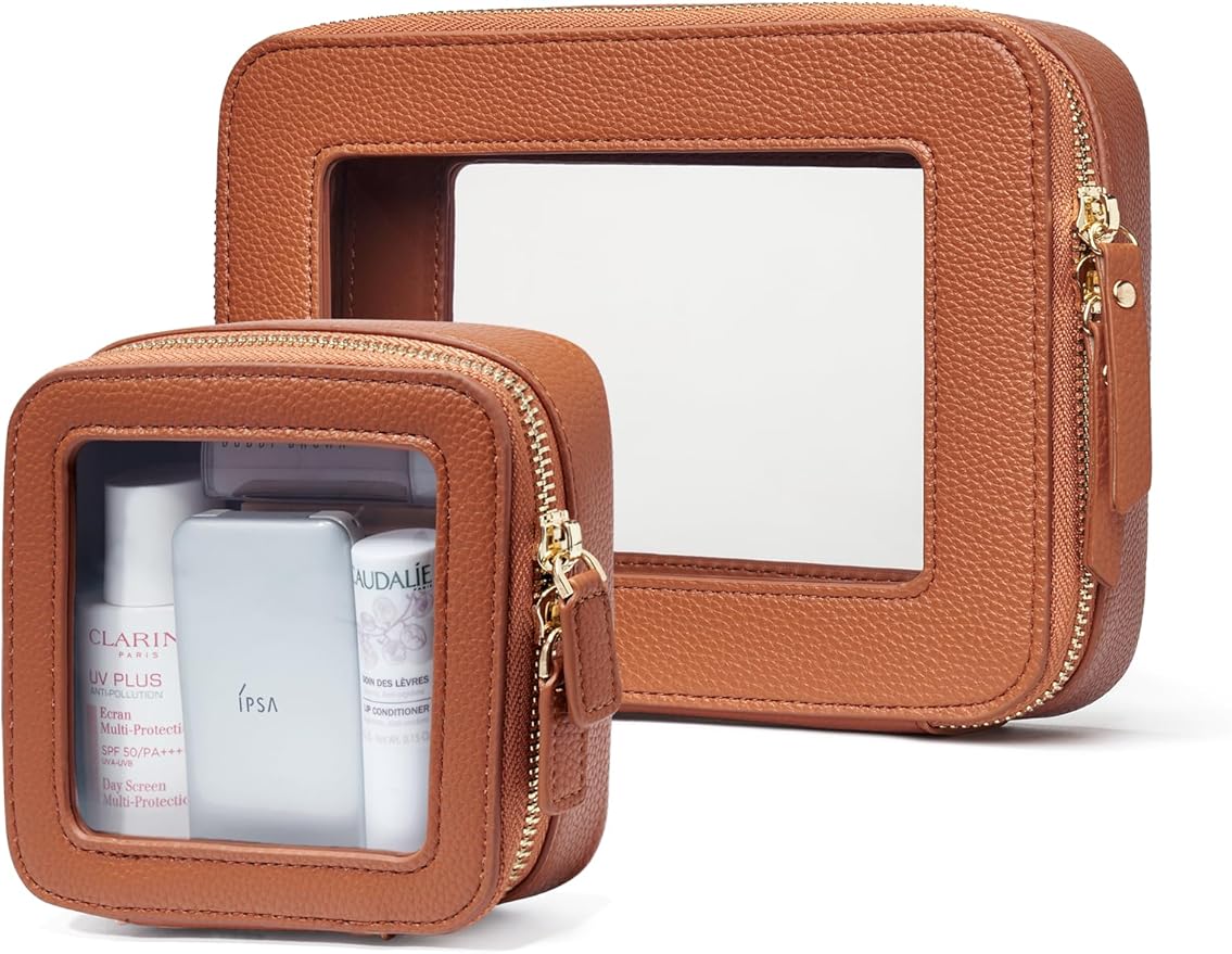 Popvibe Clear Makeup Case Toiletry Bag Travel Medium Clear Cosmetic Bag with Zipper, Make Up Bag Organizer Traveling TSA Approved Transparent Bag Car for Essentials, Mini & Medium, Brown by POPVIBE