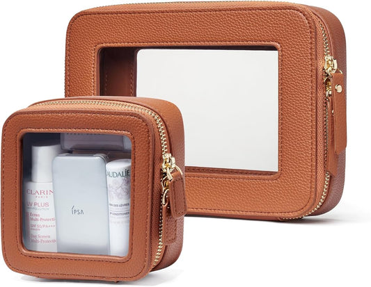 Popvibe Clear Makeup Case Toiletry Bag Travel Medium Clear Cosmetic Bag with Zipper, Make Up Bag Organizer Traveling TSA Approved Transparent Bag Car for Essentials, Mini & Medium, Brown by POPVIBE