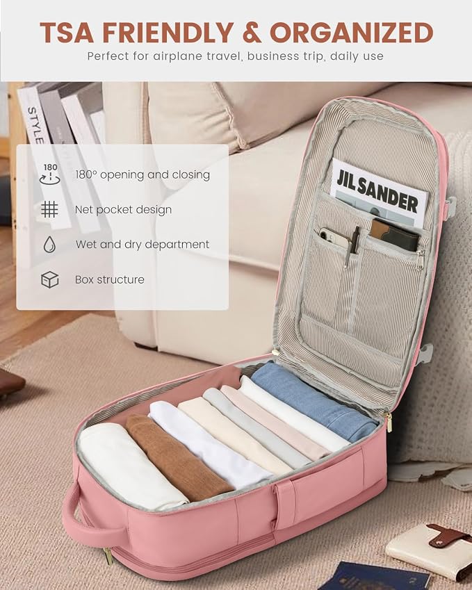 LOVEVOOK Travel Backpack For Women, 40L Carry On Backpack Flight Approved, TSA Personal Item Backpack Fits 17 Inch Laptop, Business Weekender Overnight Waterproof Daypack With 2 Packing Cubes, Pink - Image 5