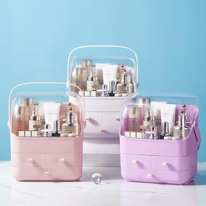 SUNFICON Makeup Organizer Cosmetic Organizer Makeup Storage Holder Box Crystal Clear Lid w Handheld 3 Drawers Dustproof Waterproof for Vanity Bathroom Countertop Birthday - Image 7