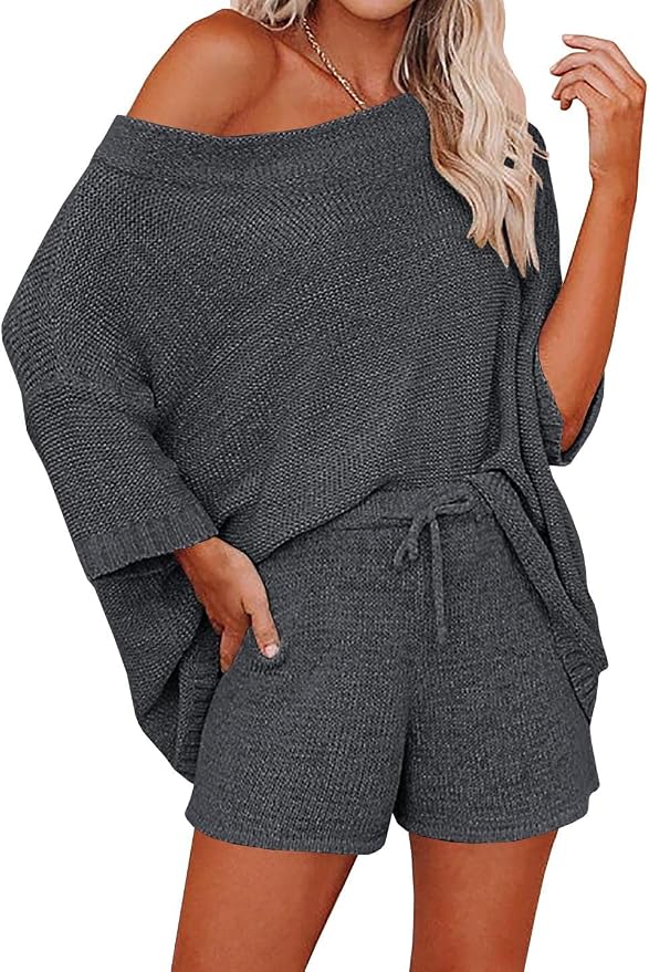 Ermonn Womens 2 Piece Outfits Sweater Sets Off Shoulder Knit Tops Waist Short Suits Casual Pajama Set by Ermonn