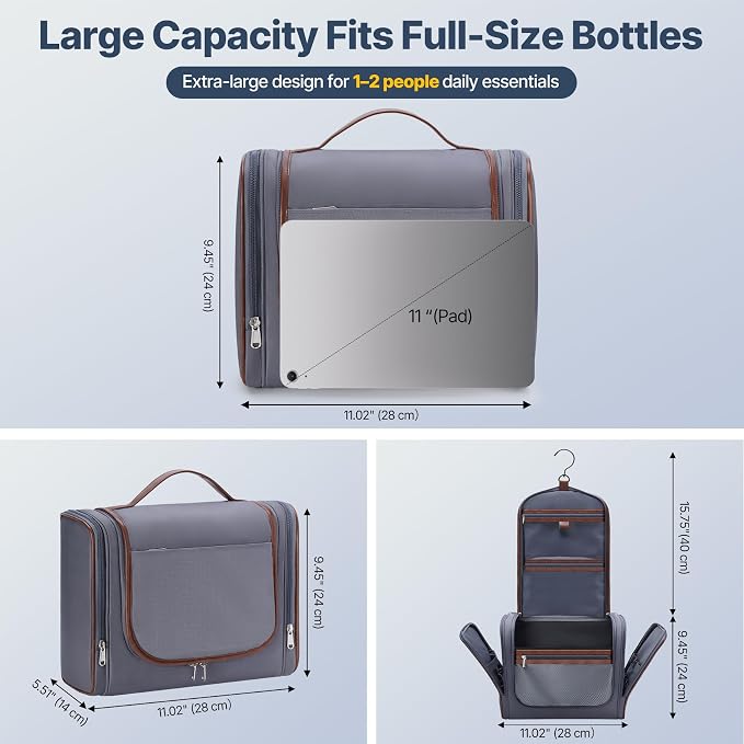 ZAHNI Men’s Hanging Toiletry Bag, Large Capacity Toiletry Organizer | Water-Resistant Toiletry Bag With 360° Hook, Multiple Compartments For Grooming & Shaving, Ideal For Travel & Business, Gray - Image 2