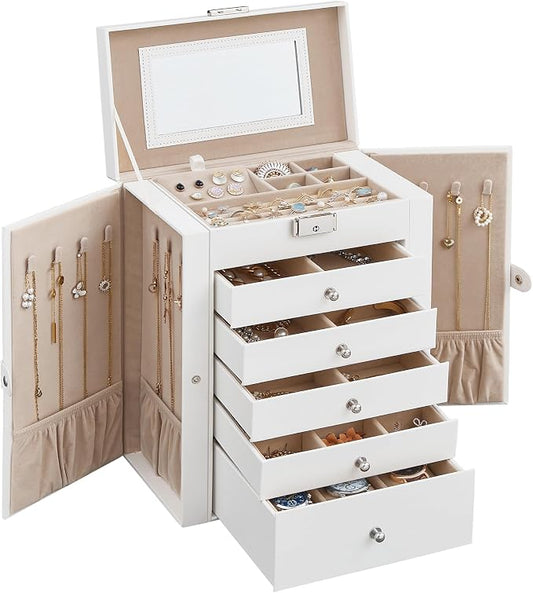 SONGMICS Jewelry Box Organizer, 6-Layer with 5 Drawers, White | Jewelry Storage Case with Lock and Mirror, Large Storage Capacity, for Necklaces, Watches, Gift for Loved Ones UJBC152W01 by Unknown