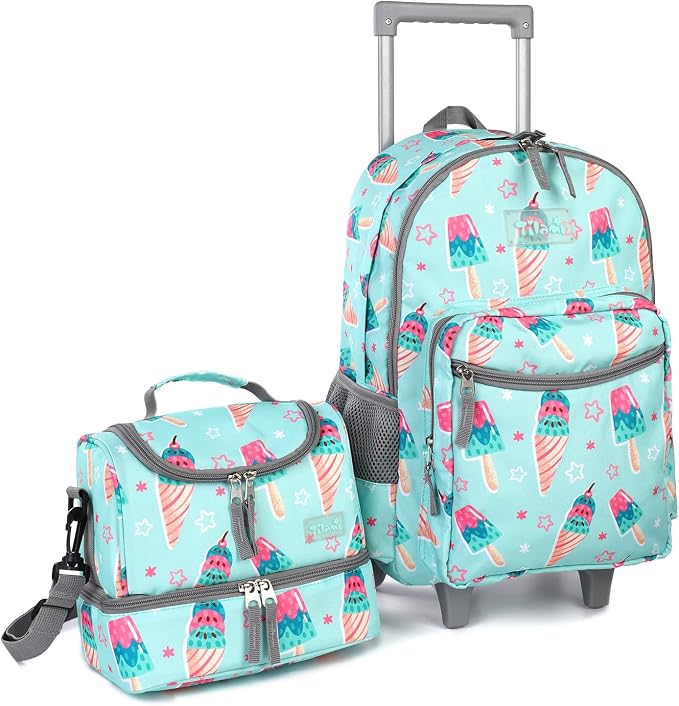 Tilami Rolling Backpack 18 inch Double Handle with Lunch Bag Wheeled Kids Backpack for Girls and Boys, Icecream Green by Tilami