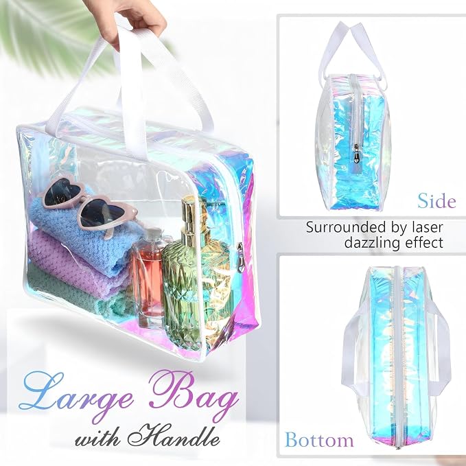 Sweetude 6 Pcs Large Clear Toiletry Bag with Handle Large Capacity Travel Iridescent Beach Makeup Bag PVC Clear Plastic Tote Punch Cosmetic Clothes Storage Organizer for Women Men (White) - Image 3