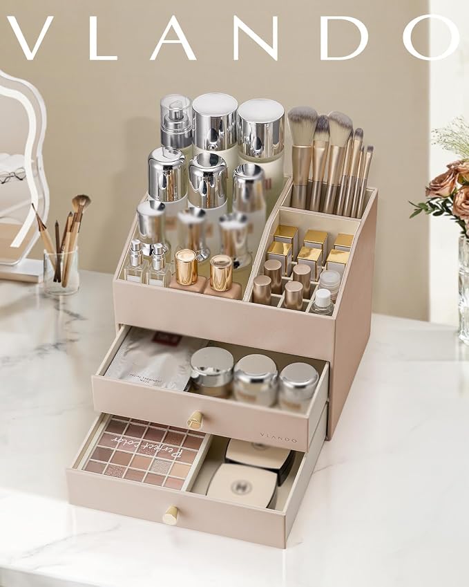 VLANDO Makeup Organizer for Vanity,Large Capacity Countertop Organizer with Drawers, PU Leather Cosmetic Display Case for Lipstick,Brushes,Skincare,Bedroom Storage (Toffee) - Image 2