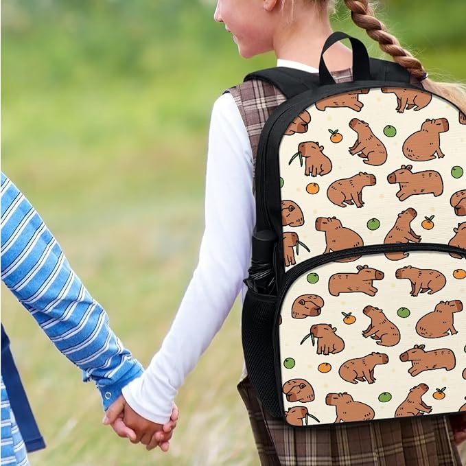4Piece Cartoon Capybara Backpack Kids Schoolbag Sets with Lunch Box, Pencil Car Water Holder Sleeve Crossbody Bag for Boys Girls，17Inch Large Capacity Bookbag Casual Daypack for Travel - Image 3