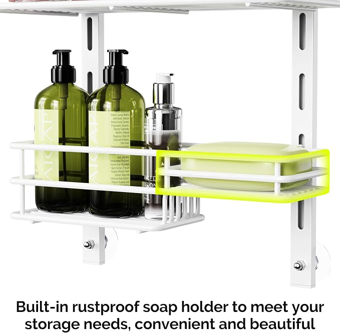 Orimade Over The Door Shower Caddy Adjustable 3 Tier White,Bathroom Hanging Organizer Shelf Rustproof with 4 Hooks,Shower Basket with Soap Holder and Suction Cup - Image 5