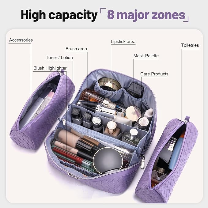 BOYATU Travel Makeup Bag Cosmetic Bags for Women: Large Capacity 3 Pcs Set Make up Bag with Compartments - Waterproof Vegan Leather Toiletry Organizer Bags with Handle (L01 Purple) - Image 4