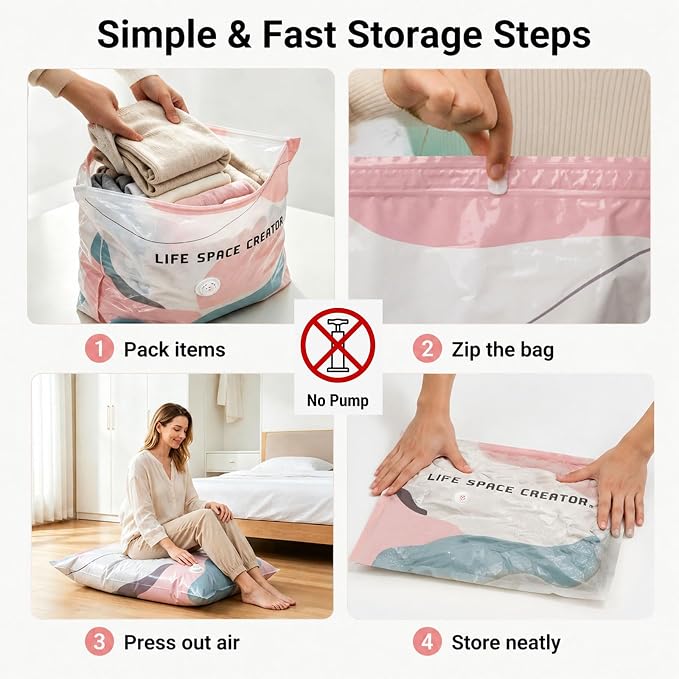 5PCS No Pump Vacuum Storage Bags, No Pump Large Vacuum Storage Compression Bags, Thick Airtight Reusable Organizer for Clothes Comforters Travel Moving Closet Storage (L) - Image 4